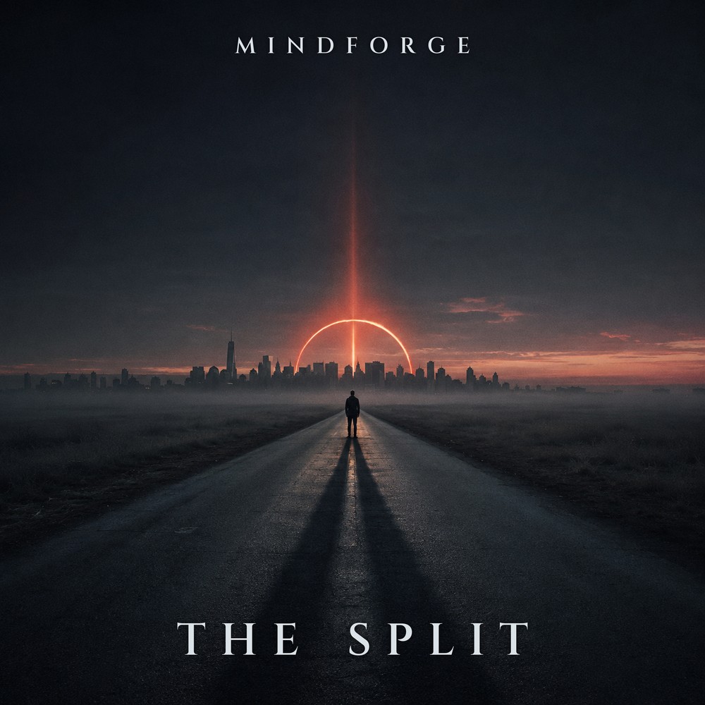 The Split — a lone figure on an empty road at first light, a broken ring of light over the city