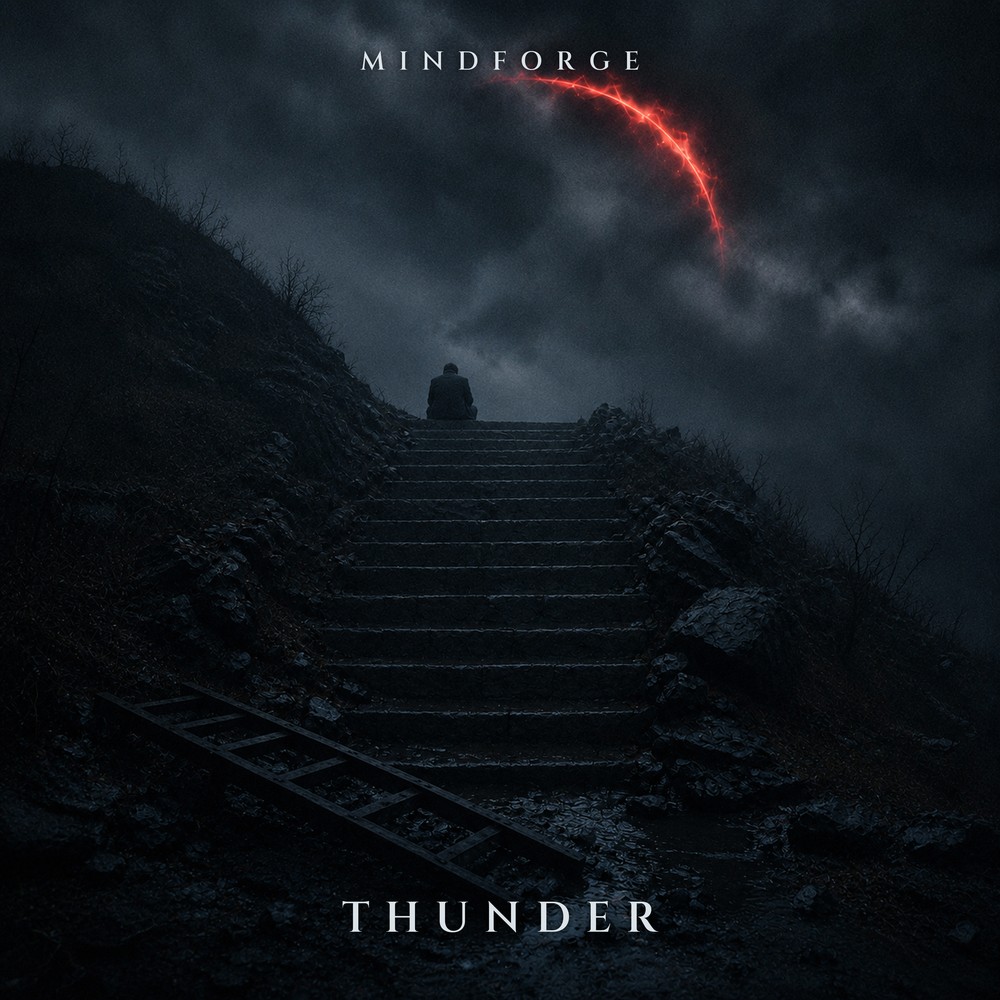 Thunder — a man at the top of stone stairs under a storm, a ring of red lightning in the clouds, a fallen ladder below